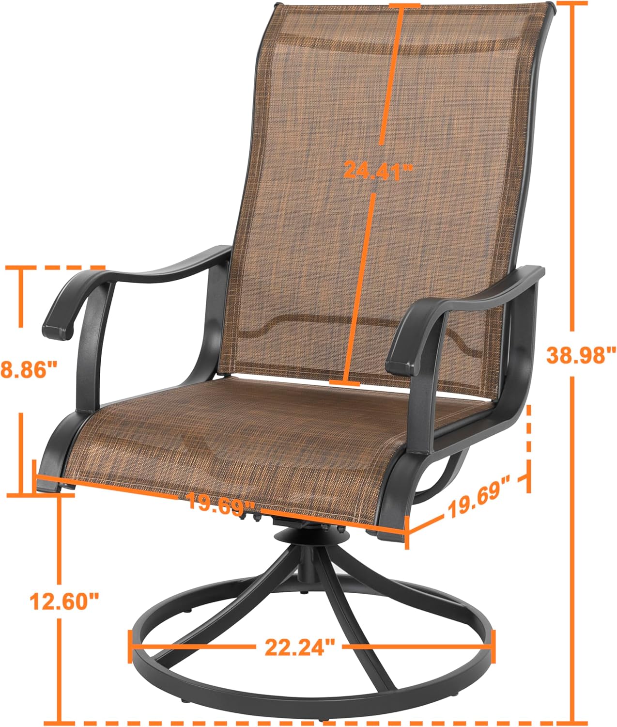 NUU GARDEN Patio Dining Chairs, Swivel Patio Sling Chairs Set of 2, All-Weather Textilene Outdoor Swivel Rocker Dining Chairs with Metal Frame for Lawn Garden Backyard, Brown