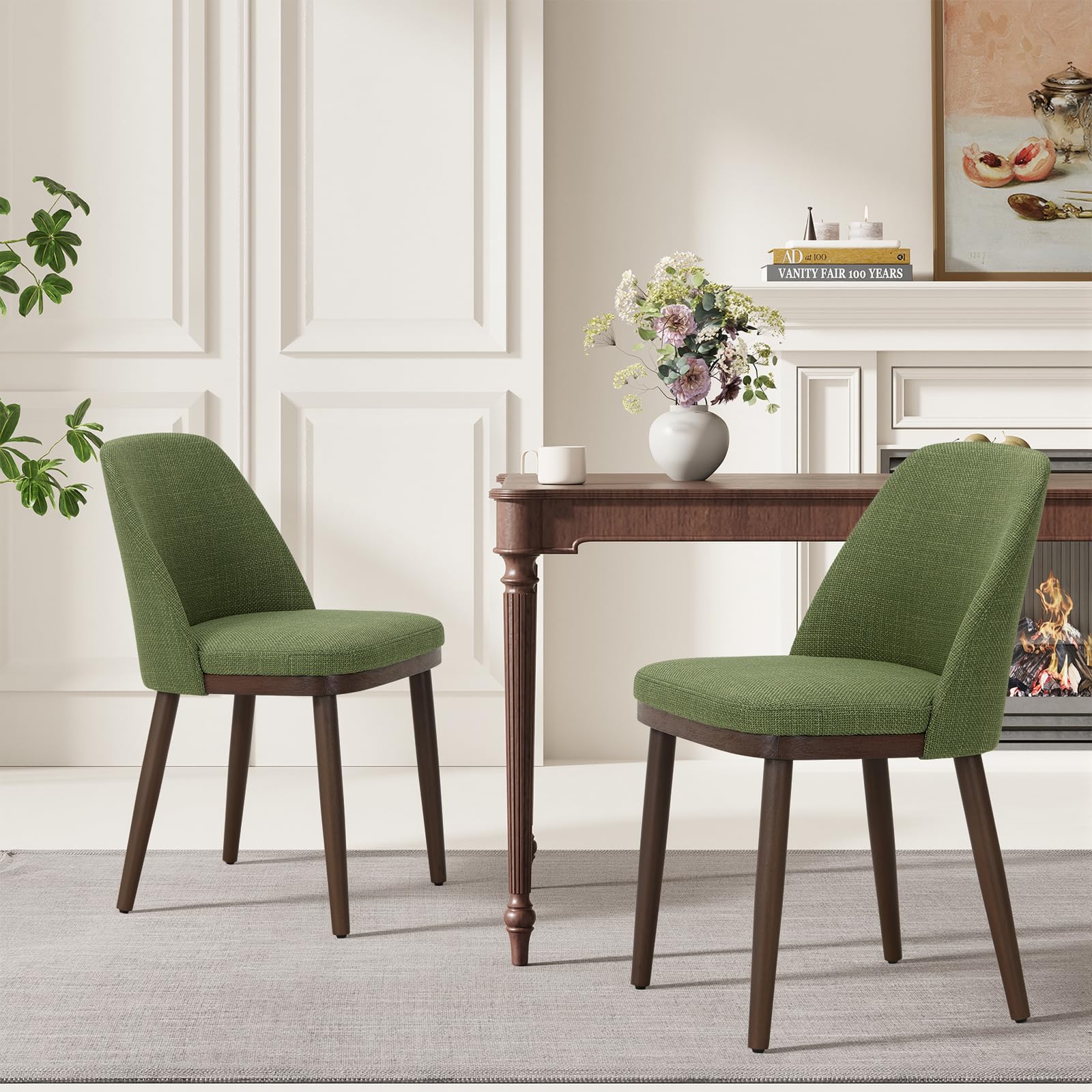 MALOL Thick Wood-base Dining Chairs Set of 2, Upholstered Kitchen Chairs with Solid Wood Legs and Thick Seat Cushion, Modern Dining Room Chairs for Kitchen Dining Room Restaurant, Green
