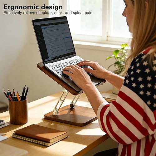 Miniatura 2 de Soporte ergonómico ajustable para laptop, elevador de madera y metal para laptop con disipación de calor hueca, plegable para uso de escritorio,