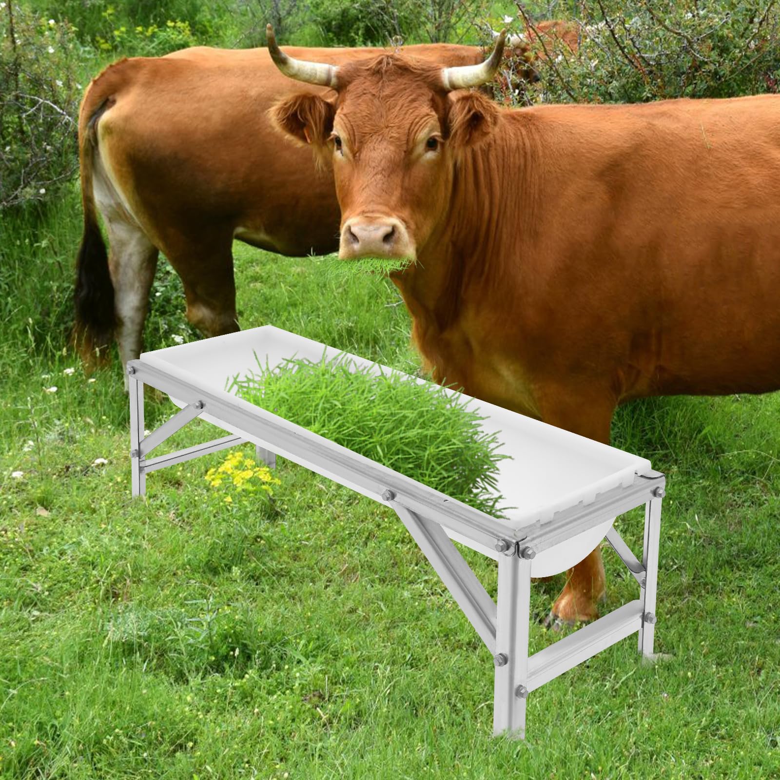 Comedero para Ganado, 99 cm de Largo, Gran Capacidad, con Soporte, fácil de Limpiar, para Cabras, ovejas, Ciervos, Cerdos, Vacas, Ponis y Caballos (Blanco).