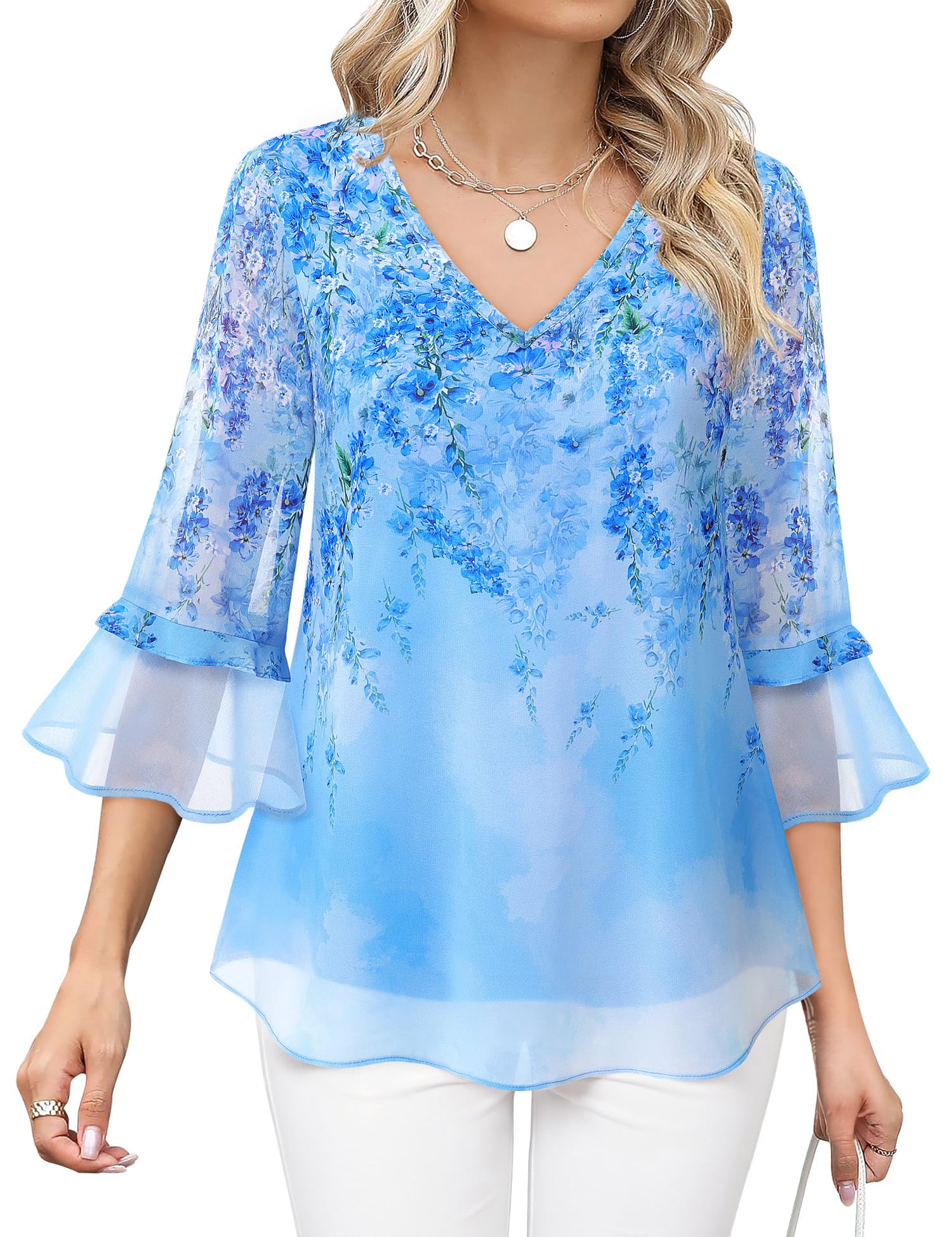 Vafoly Camicette da donna eleganti casual a maniche a 3/4 con scollo a V floreale chiffon