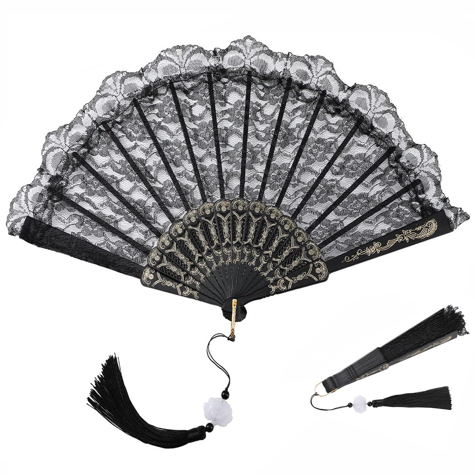 nalaina Lace Folding Fan, Handheld Chinese Vintage Style Hand Fan with White Lotus Jade Tassel for Women, Wedding, Party Favours, Costume Prom (Black)