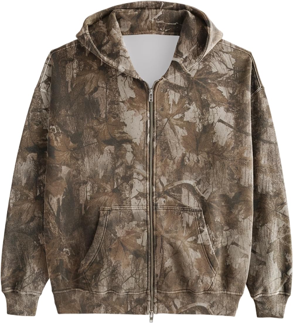 MISSACTIVER Camo Zip Up Hoodie Women Men Maple Leaf Print Fleece