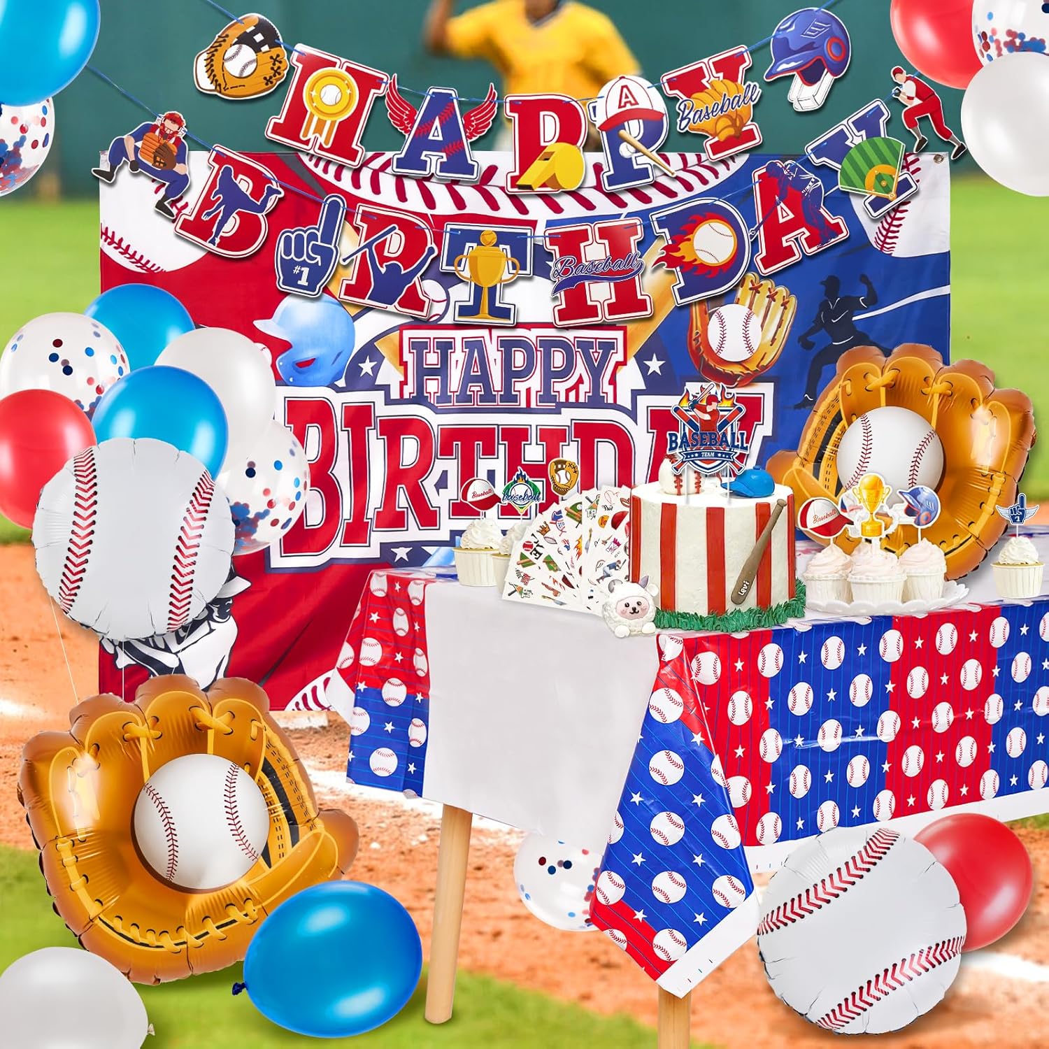 Baseball Party Decorations, Baseball Birthday Decorations Supplies Party Favors Birthday Banners, Baseball Temporary Tattoos, Baseball Balloons, Cupcake Topper Centerpieces, Backdrop Tablecloth - Image 8