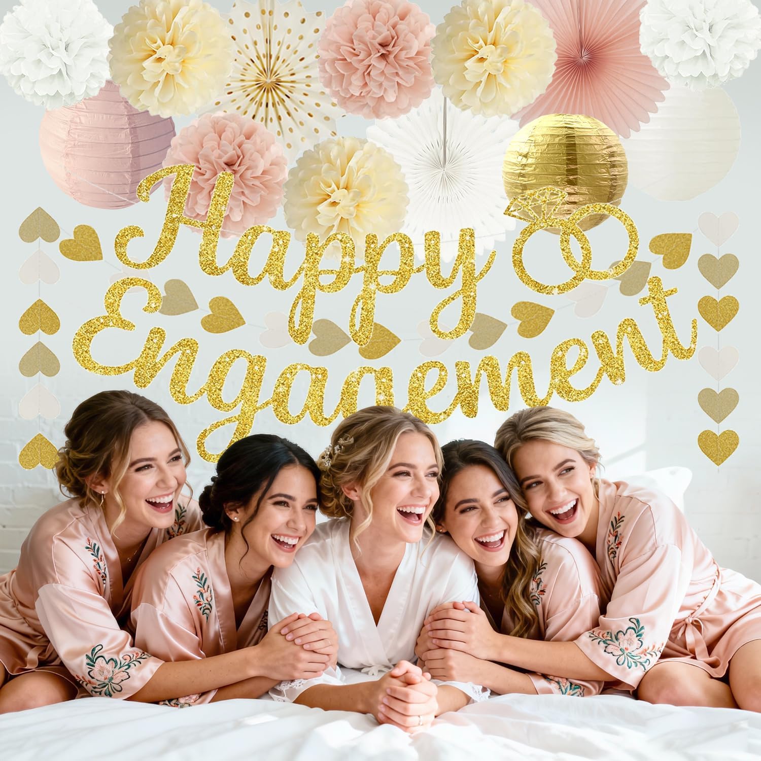 Champagne Gold Engagement Party Decorations - Engagement Banner, Heart Party Garlands, Tissue Paper Pom Poms, Fans and Lanterns Kit for Congratulations, Boho Engaged Decorations - Image 6