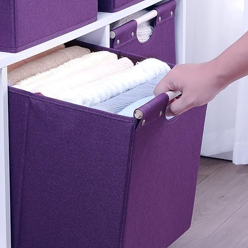 Miniatura 5 de HOONEX Contenedores de almacenamiento plegables grandes, tela de lino, paquete de 2, cestas de almacenamiento con asas de transporte de madera y