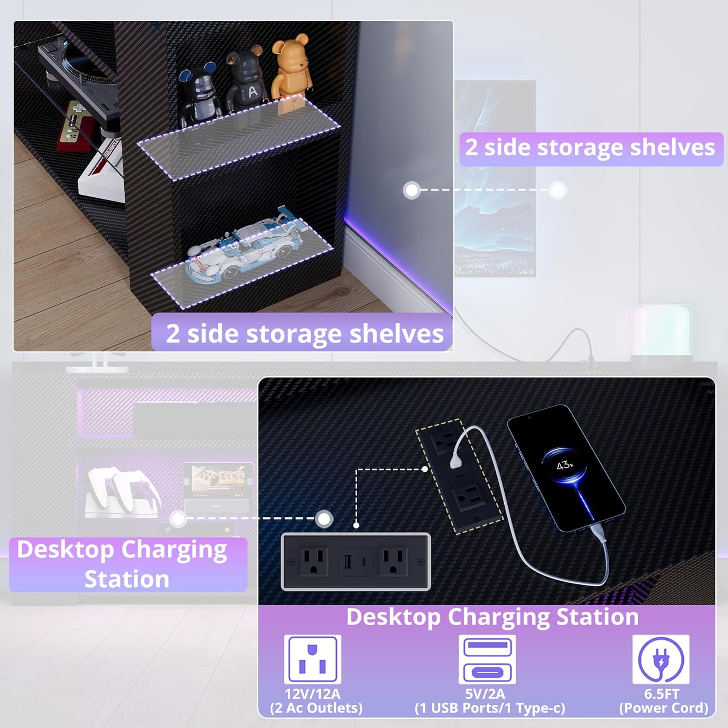 IRONCK Entertainment Center with Storage, 70.9 Inch Tall TV Stand with Power Outlet, LED Gaming TV Cabinet for PS4, Black TV Stand with Carbon Fiber - Image 5