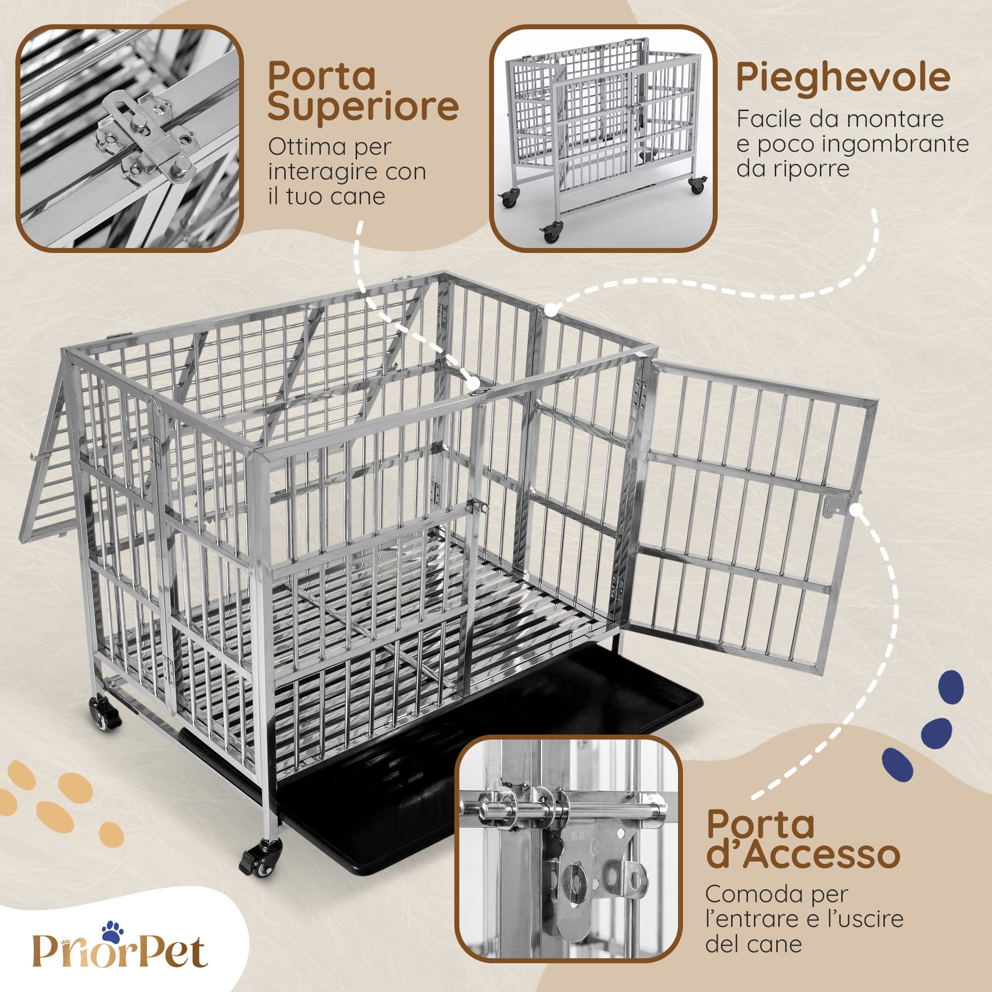 PRIORPET Solida Gabbia per Cani - Design Pieghevole e Facile da Montare per Un Agevole Trasporto - Doppia Serratura per Una Maggiore Sicurezza - Vassoio Rimovibile per Una Rapida Pulizia