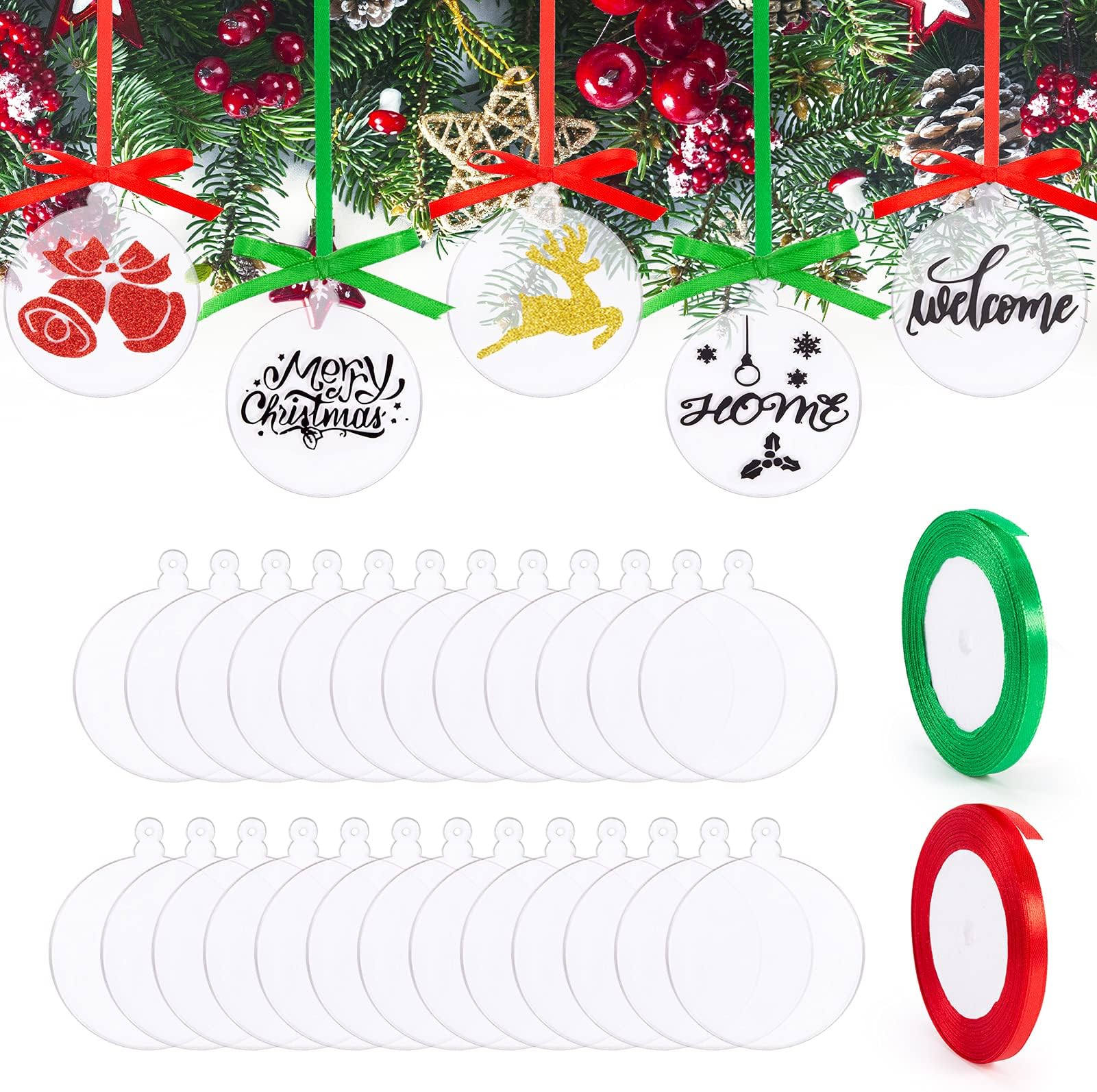 30PCS Clear Acrylic Ornament Blanks Bulk Christmas Round Acrylic Discs Ornament Vinyl Christmas Hanging Circle Ornaments Blank with 2 Roll Red and Green Ribbons for Christmas Tree Decoration (3 Inch)