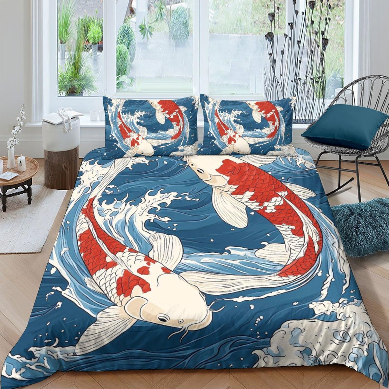 Ctjqhvkz Style-9 3D Printed Koi Fish Fitted Sheet Microfiber Soft Blue Japanese Wave Bed Cover For Bedroom Dorm Mattress Protection Decor Single（135X200cm）