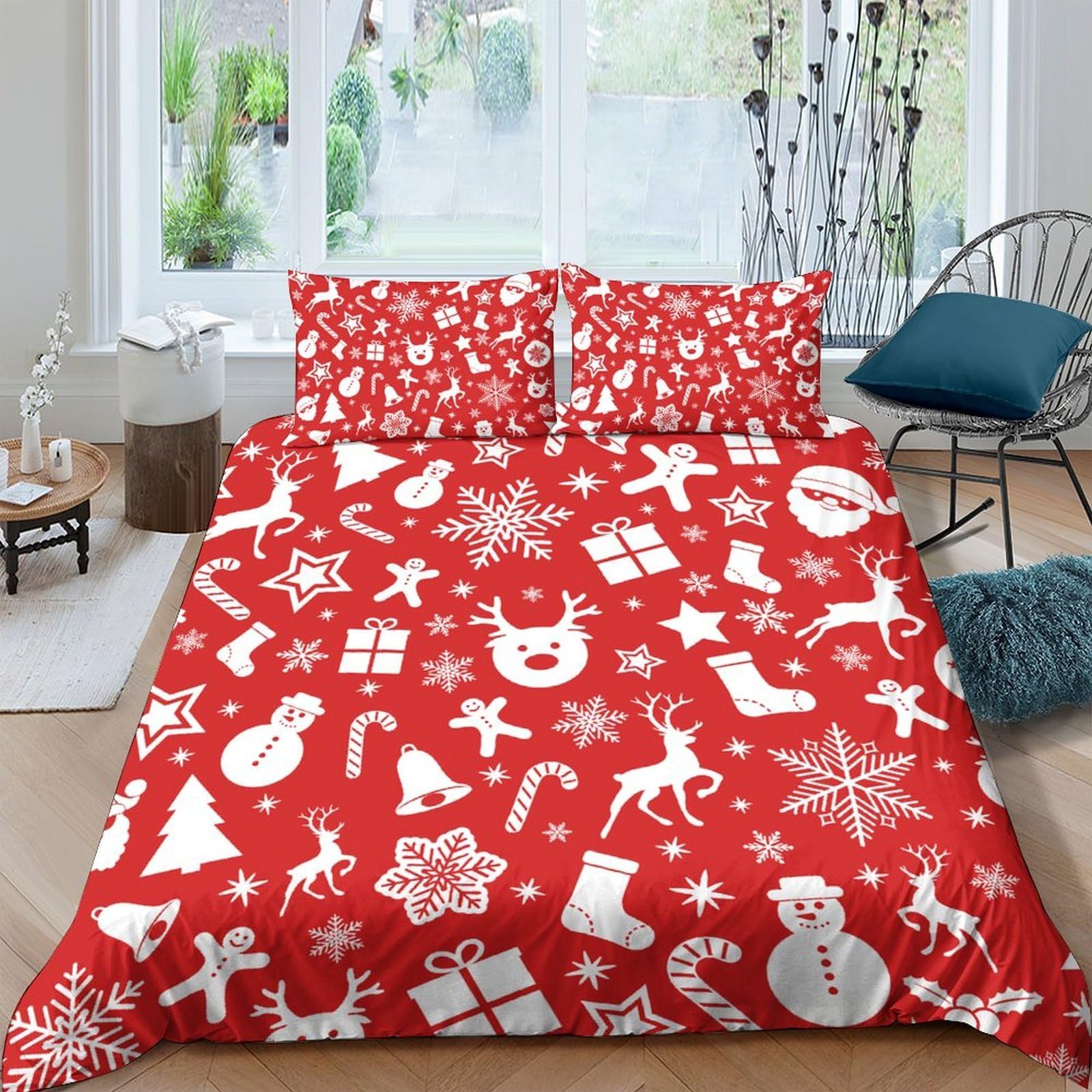TUFRTGYHN 3D Printed Christmas Snowflake Duvet Cover Set Microfiber Red Festive Santa Quilt Cover with 2 Pillowcases for Bedroom Decor Single（135x200cm）