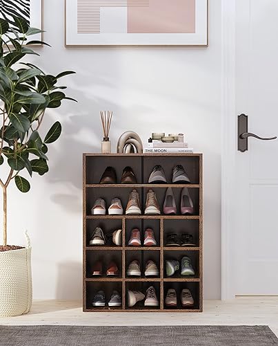 Miniatura 12 de HAIOOU Zapatero apilable de madera con 9 cubos, organizador de zapatos de madera de 5 niveles con 2 estantes de almacenamiento para 10-15 pares