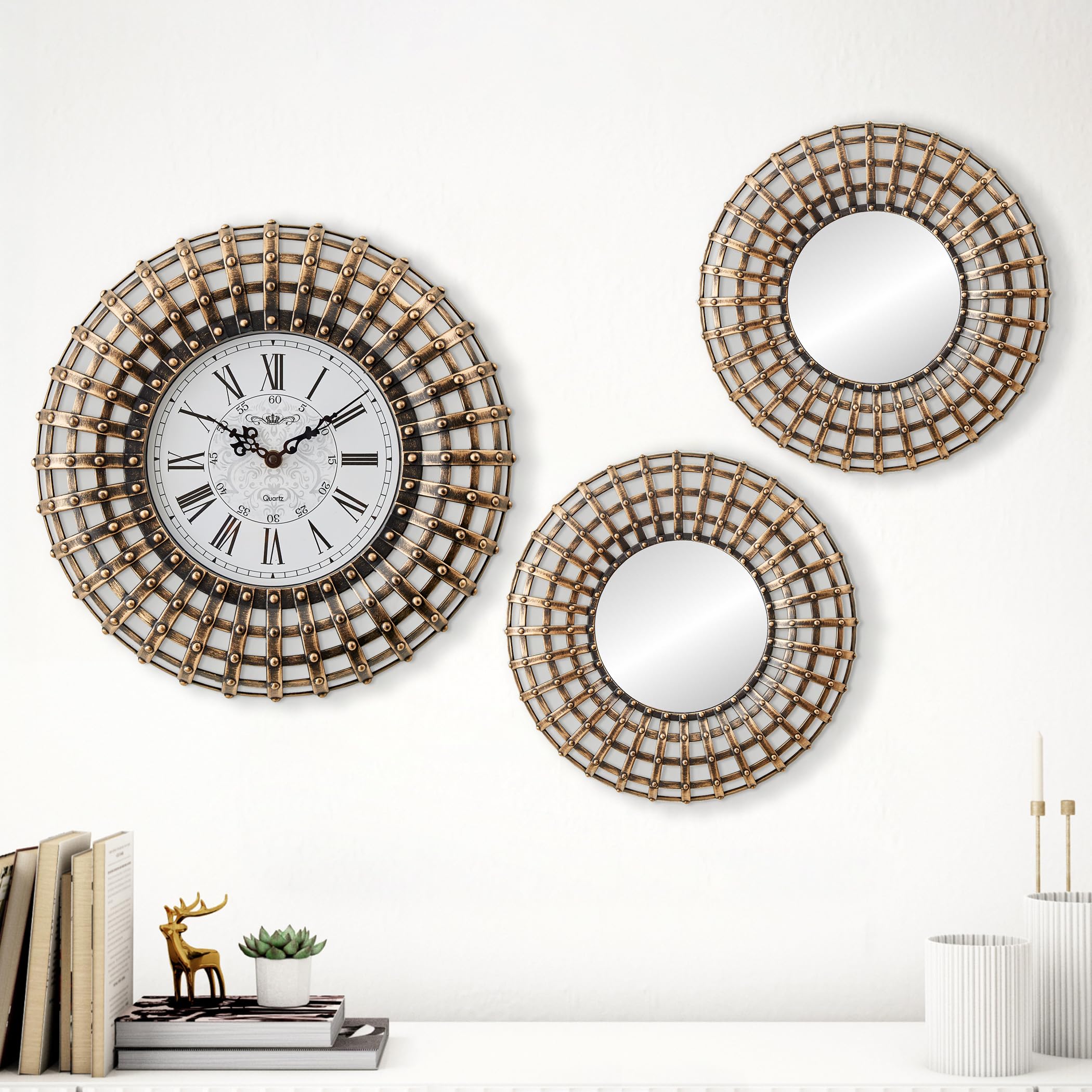 Home Centre Corvus Mystic 3Pcs Decorative Mirrors and Wall Clock Set-image-12