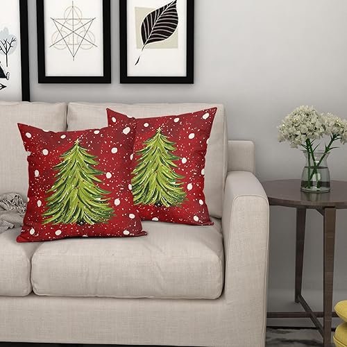 Miniatura 7 de Juego de 2 fundas de almohada rojas de Navidad de 20 x 20 pulgadas, color verde acuarela, diseño de árbol de Navidad, fundas de almohada decorativas