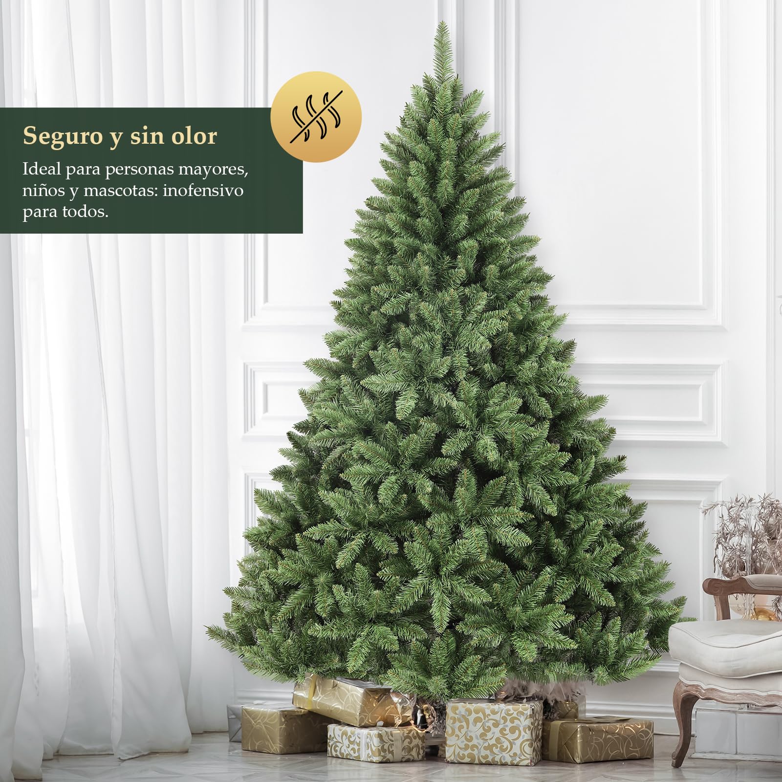 SALCAR Árbol de Navidad Artificial de 210 cm, de Aspecto Natural, con 1066 Ramas, Abeto de Normandía Verde con Sistema Plegable y un diámetro Extragrande del árbol de 148 cm