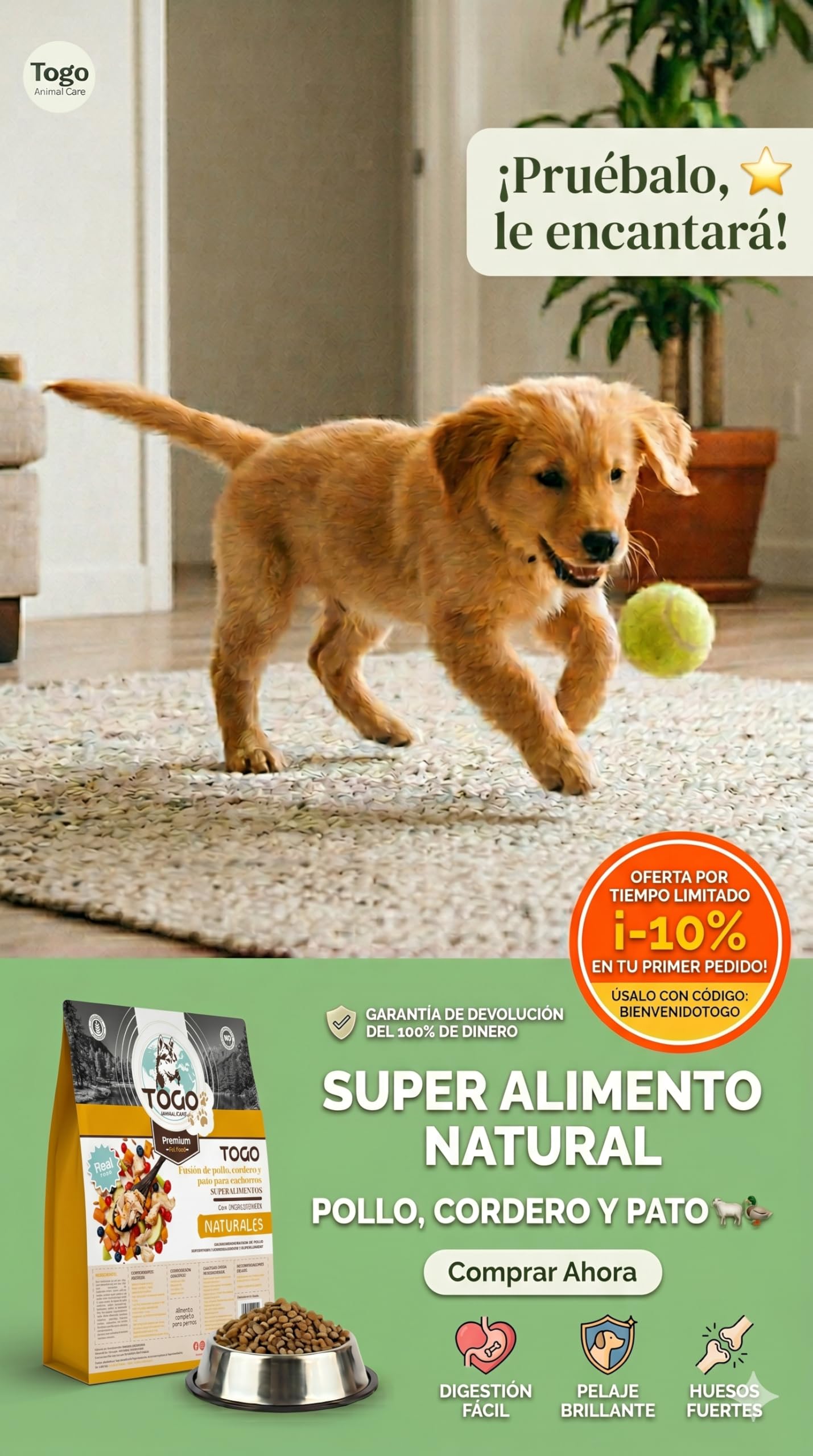 Pienso Premium para Cachorros (Puppy) | Superalimento Natural de Pollo, Cordero y Pato | Sin Cereales, Alta Digestibilidad y Cuidado Articular | 15kg