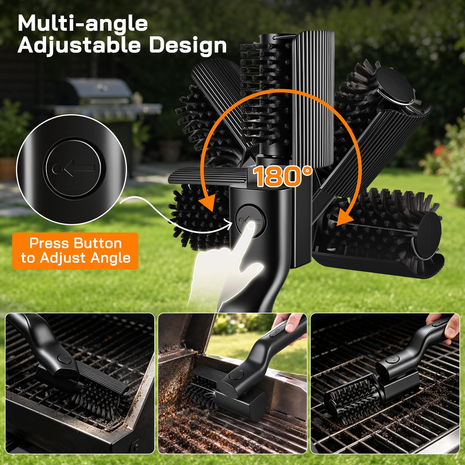 2026 Cepillo Eléctrico para Barbacoa 2600mAh 3 velocidades IPX7 | 2 Cabezales, 180° Ajustable, lavavajillas, para Parrilla, Plancha & Carbón, Cepillo Electrico Limpieza Hogar, USB-C