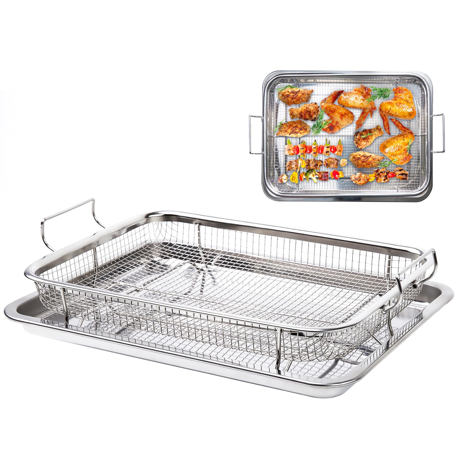 Eyourlife Oven Air Fryer Basket & Tray, 11.6"X15.5", Stainless Steel, Silver, Rectangular, Dishwasher Safe