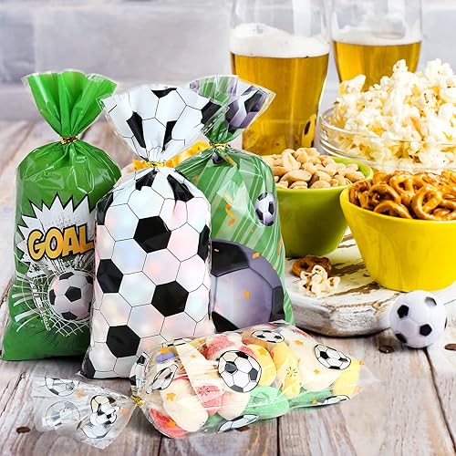 Miniatura 2 de Kesote Bolsas de celofán de fútbol, 100 piezas de bolsas de dulces de regalo de fútbol con lazos para fiesta de cumpleaños de fútbol