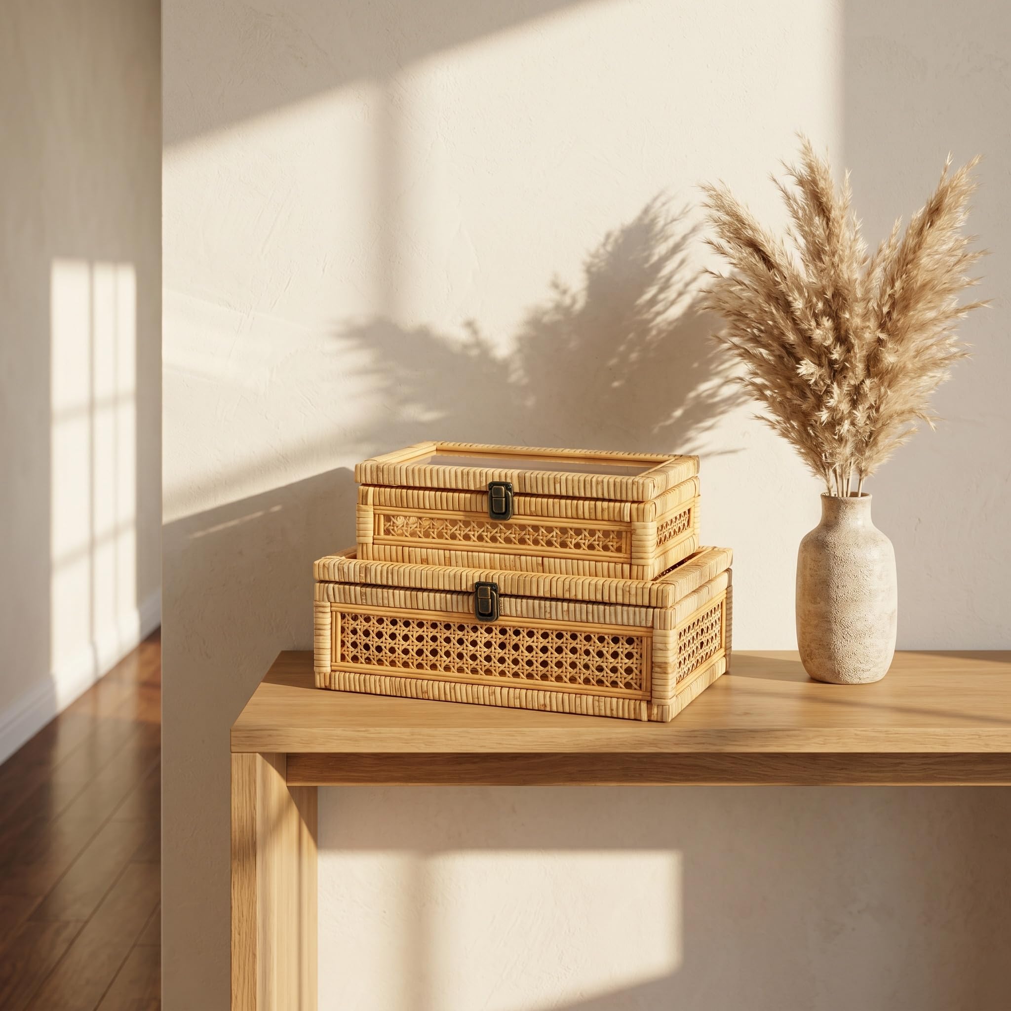 Set di 2 Scatole Impilabili in Rattan E Canna Stile Boho con Coperchio in Vetro - per Decorazioni Rustiche in Stile Country, Contenitori per Riporre Oggetti, Organizzazione della Casa, Eleganti