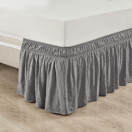 Lush Decor Falda de cama elástica con volantes fruncidos, fácil de envolver, tamaño Queen, KingCal King, color gris oscuro