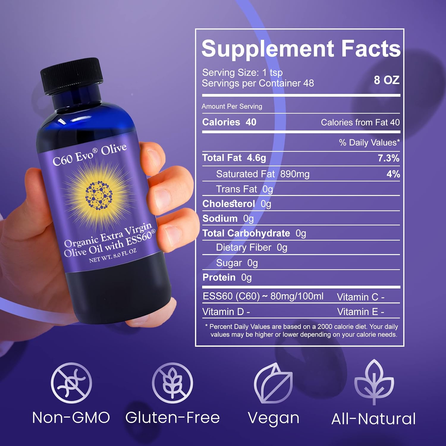 Supplement Facts label for C60 Evo ESS60 Olive Oil