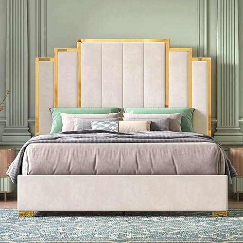 Miniatura 6 de HOWE Base de cama tamaño Queen y cabecera de 61 pulgadas, cama tapizada con borde chapado en oro, cama de plataforma moderna, no necesita somier