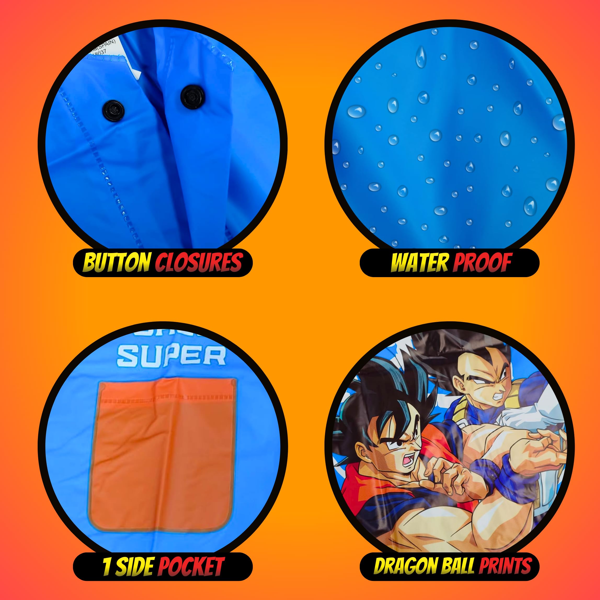 Dragon Ball Z Chubasquero Impermeable para Niños, Lluvia Chaqueta Impermeable con Capucha para Niños, Tallas 4 a 8 Años