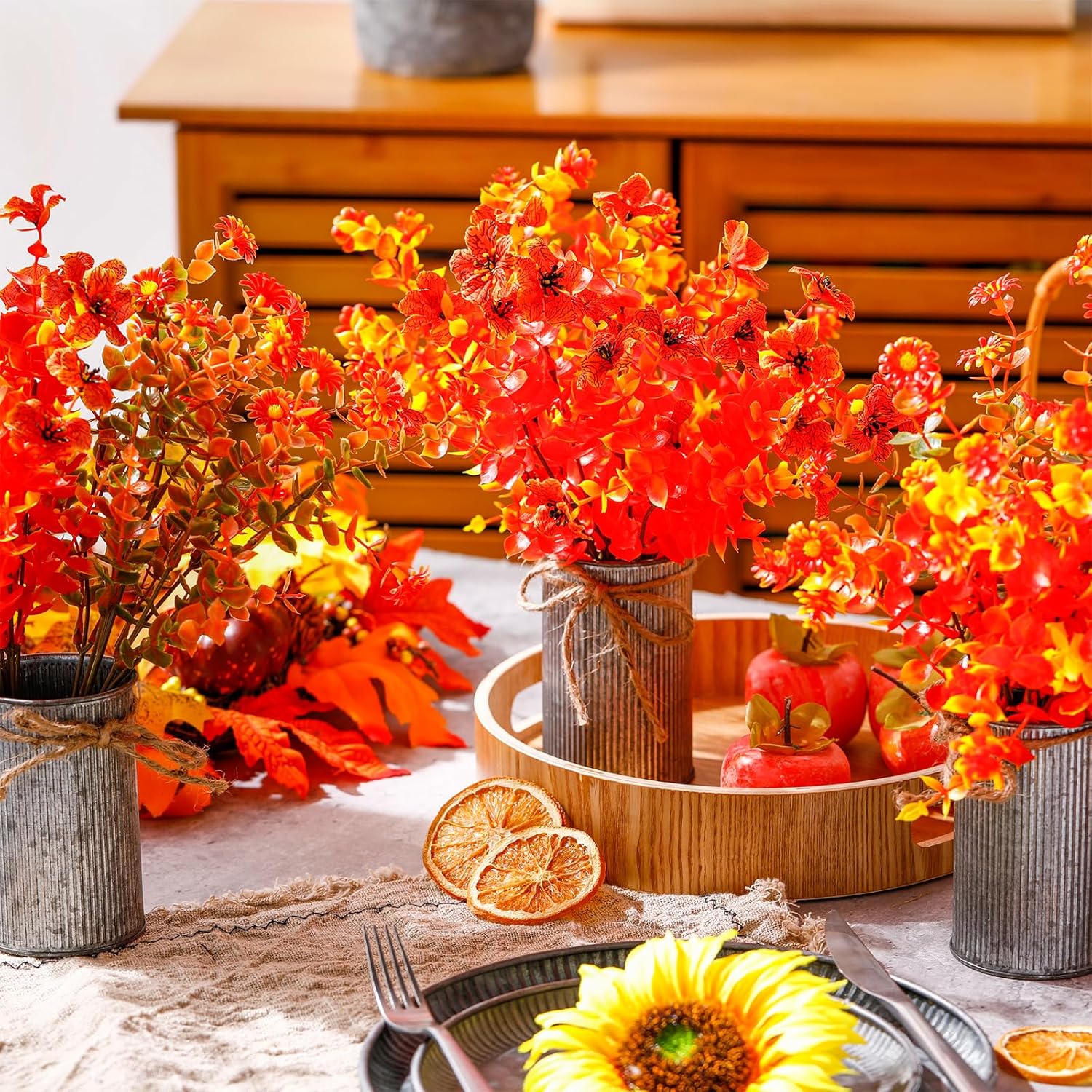 Zeyune 3 Sets Fall Thanksgiving Table Centerpiece Decoration Harvest Artificial Flower Stems Faux Fall Arrangement with Metal Pot for Autumn Rustic Farmhouse Home Kitchen Dining Indoor Decoration - Image 5
