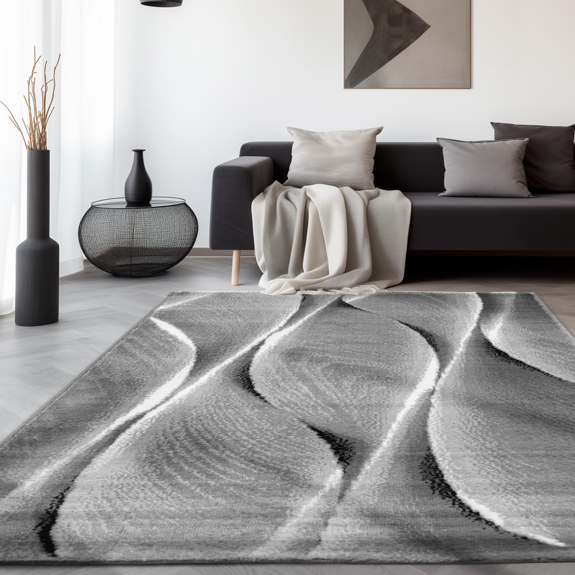 SIMPEX Teppich Wohnzimmer Modern Abstraktes Wellen Design Kurzflor Schlafzimmer Esszimmer Küche Jugendzimmer Waschbar Pflegeleicht Extra Weich