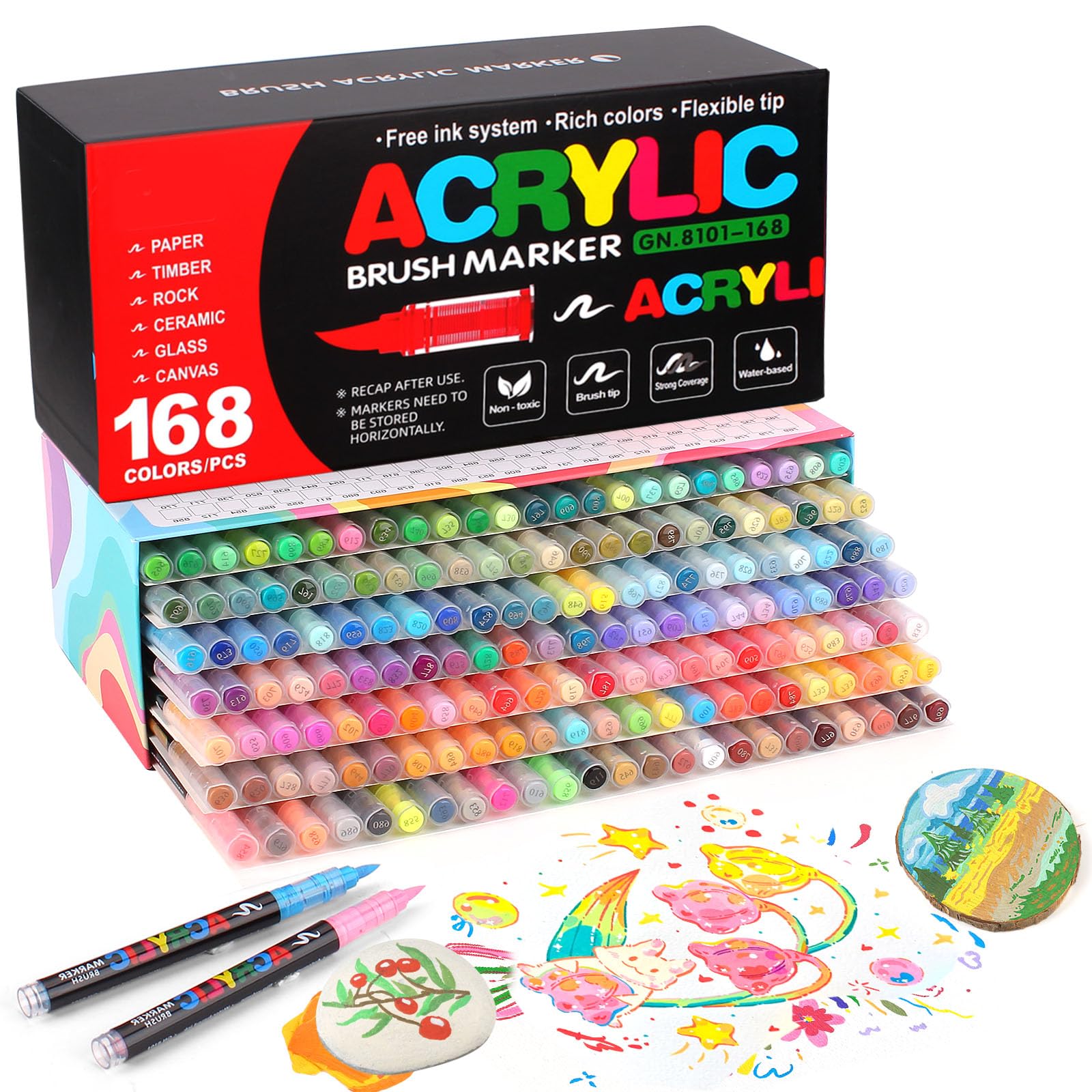 Marcadores Acrílicos 168 Colores Punta Brush – Tinta Acrílica Líquida de 2.4 ml, Caja de 7 Niveles, Ideal para Arte en Roca, Madera, Vidrio, Tela y Más – Rotuladores Acrílicos de Pintura