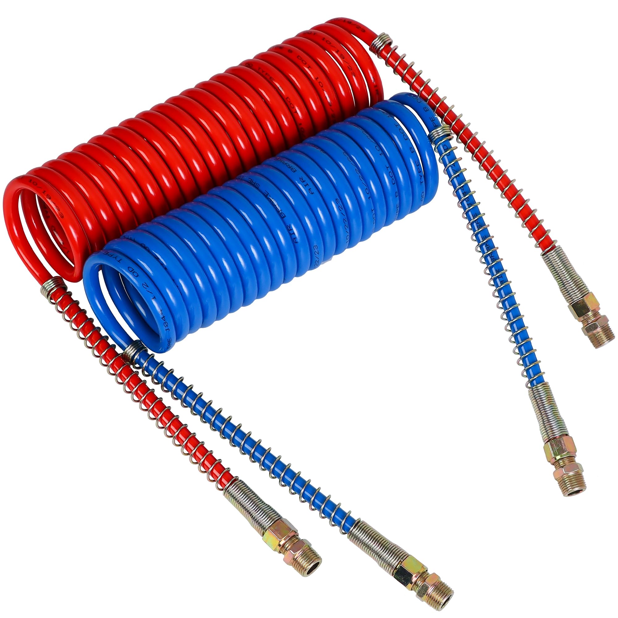 Coiled Air Set Line Assemblies,Red & Blue Truck Trailer Coiled Airline Kit for Semi Truck Tractor Trailer,1/2" NPT Fittings(15' Length?2 X 12 Leads