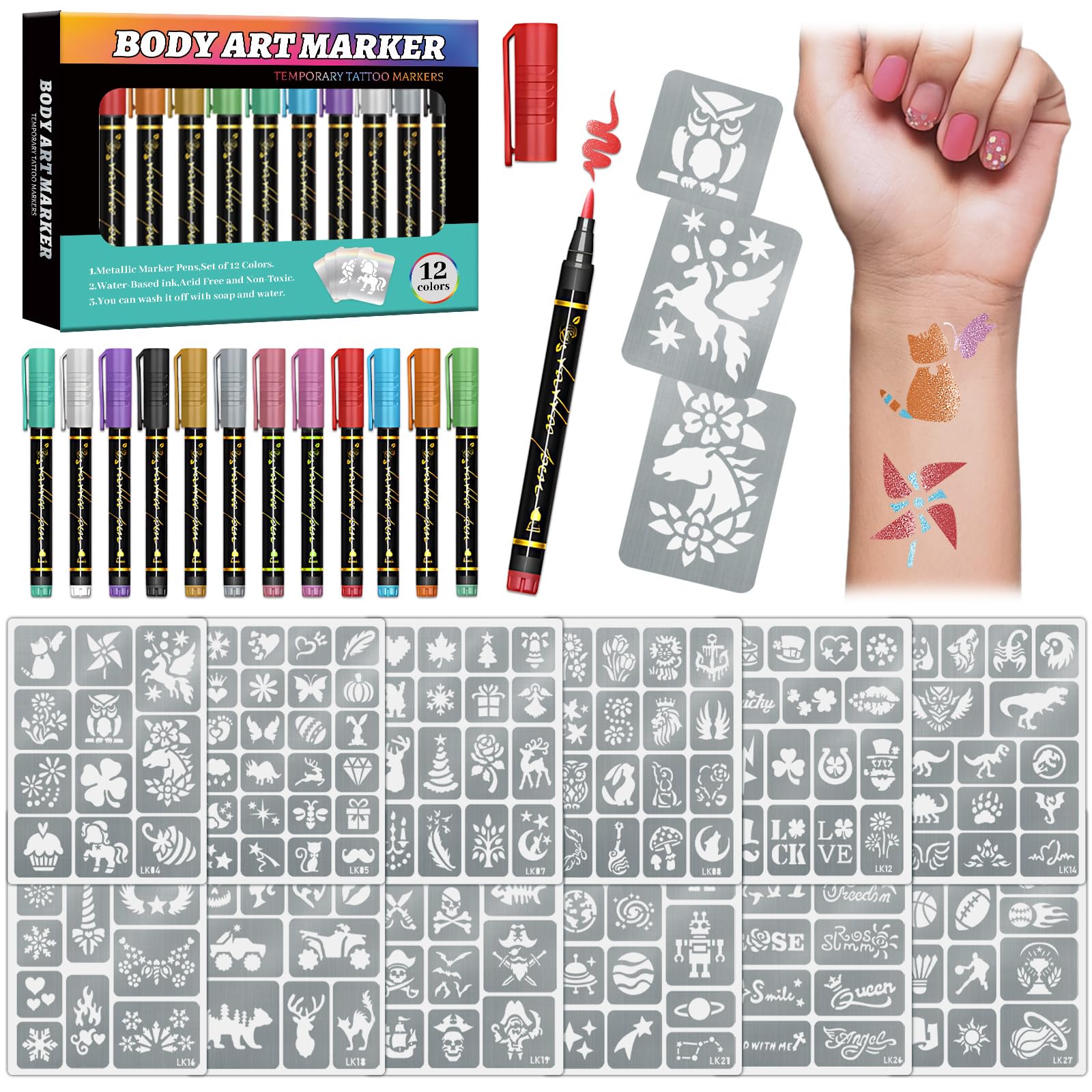 Temporary Tattoo Markers for Skin, 12 Metal Body Markers + 169 Large Tattoo Stencils for Teens Adults, Flexible Brush Tip, Bright Colors, Cosmetic-Grade Tattoo Ink, DIY Body Art Painting for Women Men Mixed Style