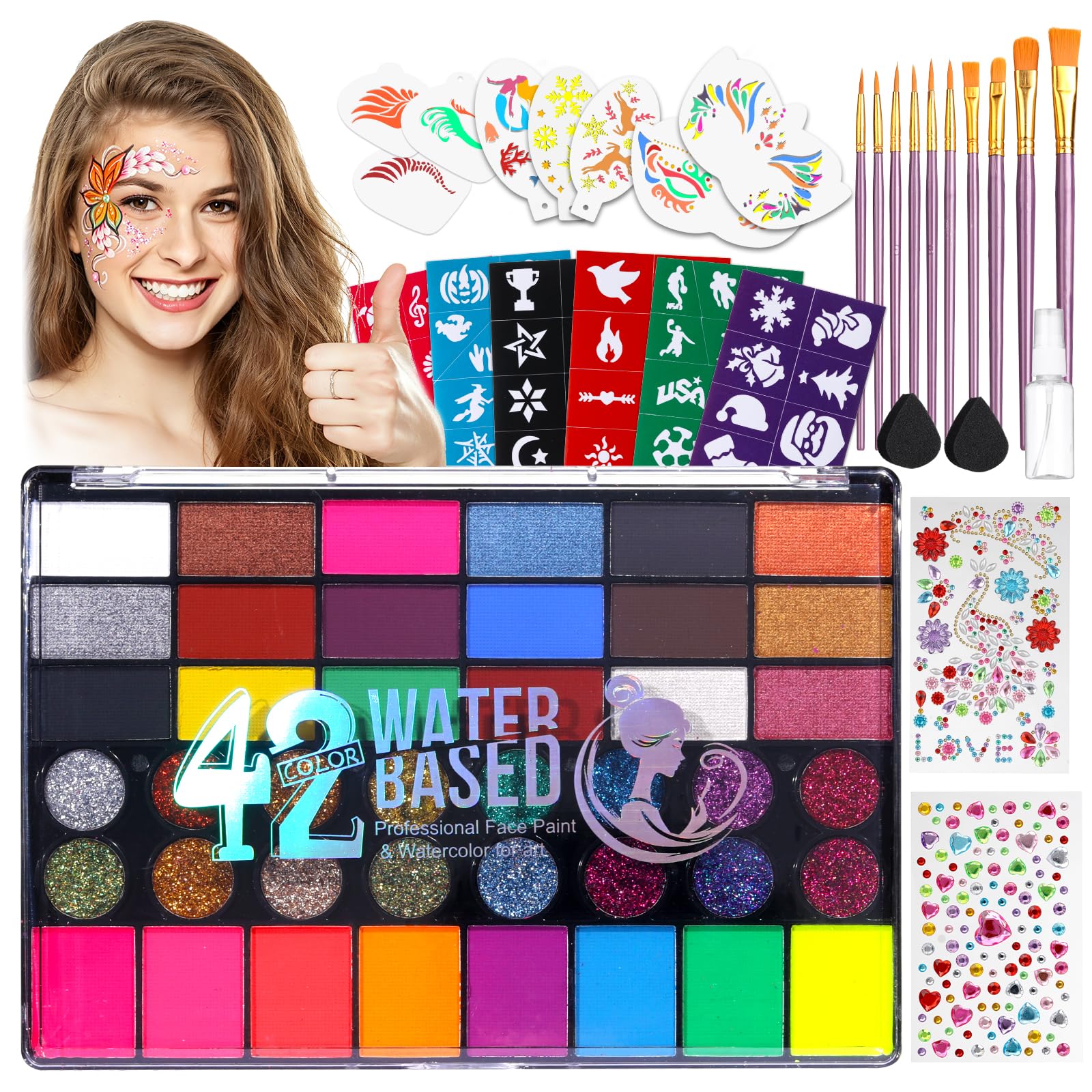 Kit Professionale Trucco Viso e Corpo 42 Colori, Face & Body Paint a Base d’Acqua con Pennelli e Accessori, Body Painting per Cosplay, Teatro, Carnevale, Halloween, +14 Anni
