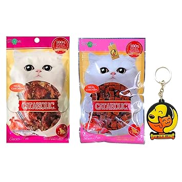 Foodie Puppies Neko Cataholic Treat for Cats and Kittens (Spiral Soft Chicken & Fish + Chicken & Salmon Cubes) - 50gm with Free Key Ring (Chicken)