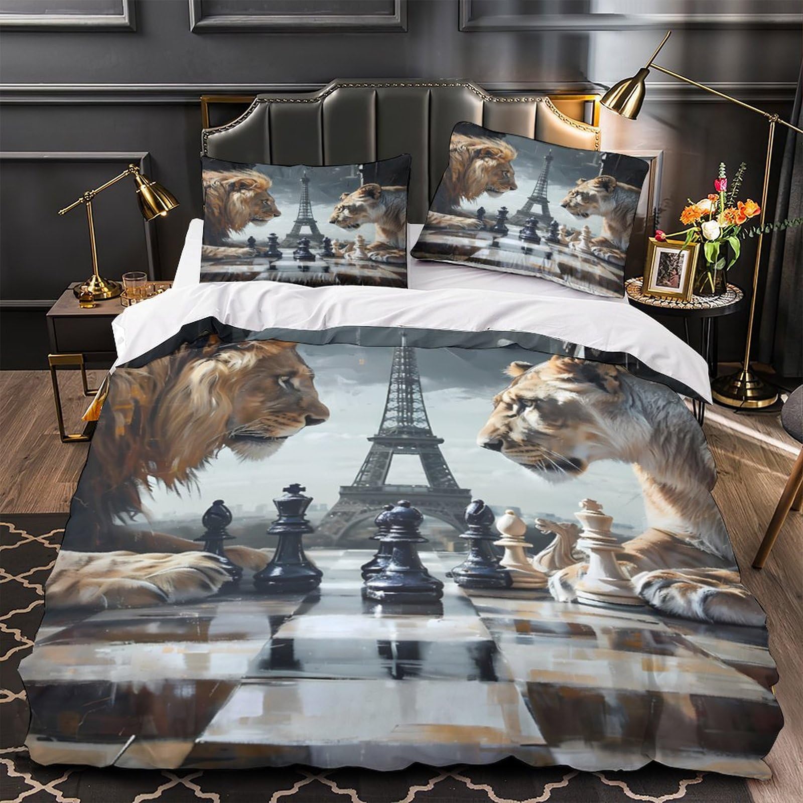 Housse de couette lion 3D 200x200cm avec 2 taies d'oreiller pour lit double