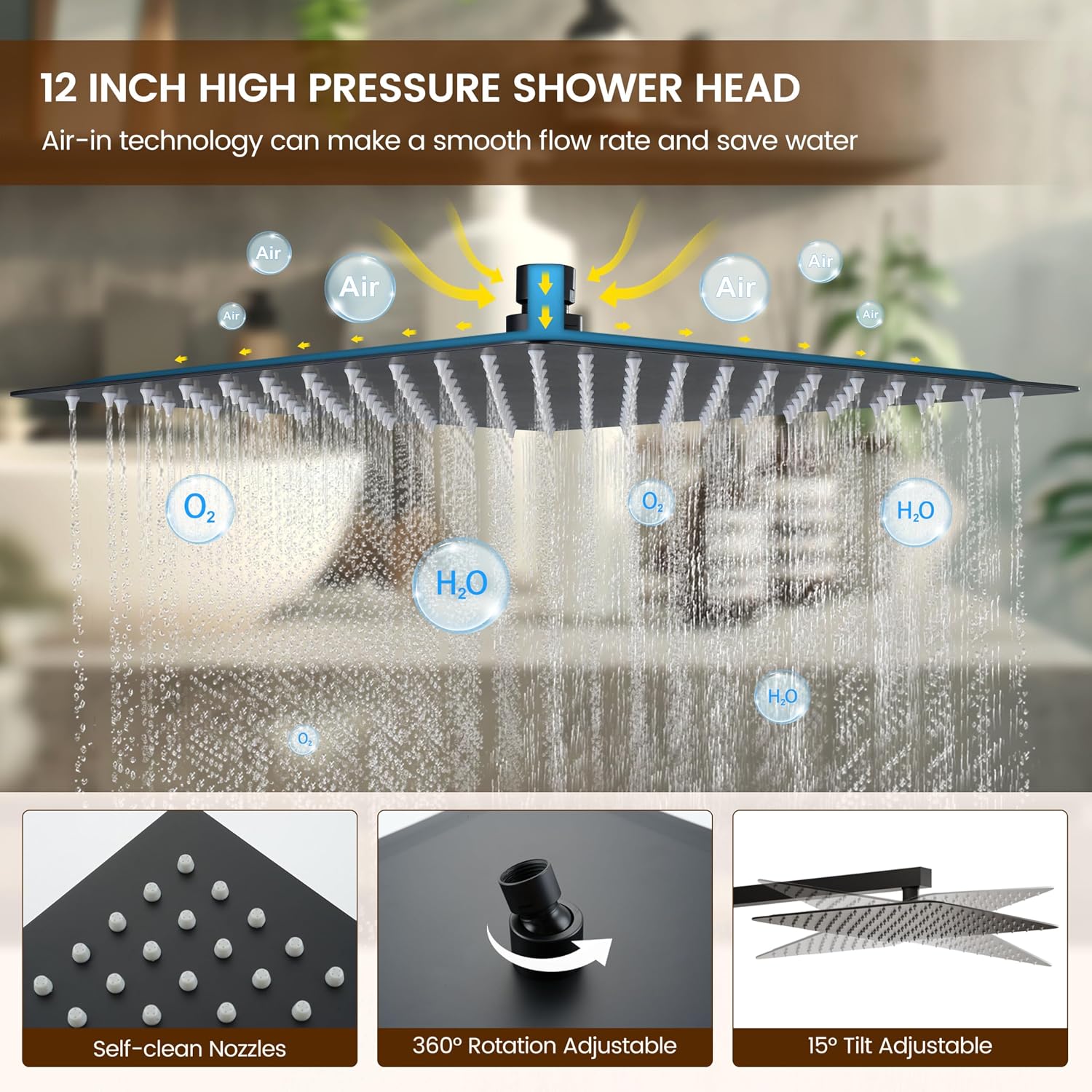 MONDAWE 12 Inch Wall Mounted Matte Black Shower System, 3-Function Shower Faucet Set with Rainfall Dual Shower Head and High Pressure 4-Setting Handheld, All Functions Can be Used At the Same Time