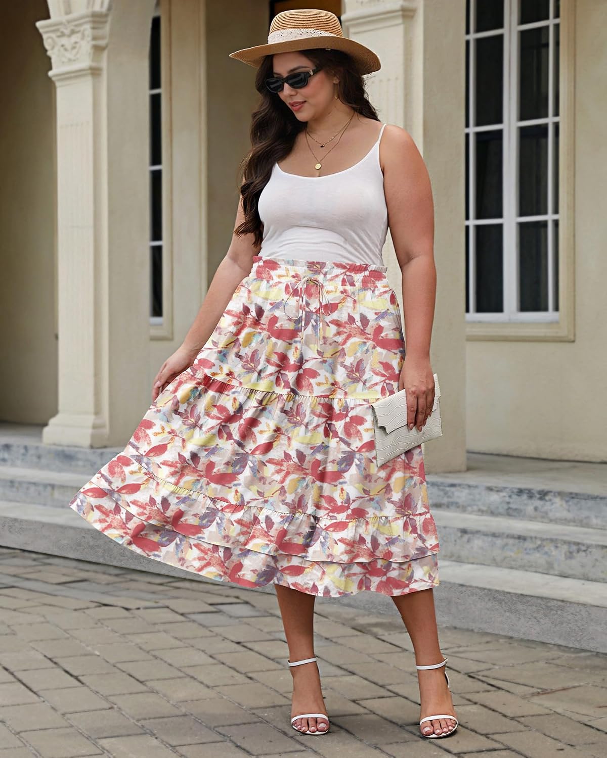 LOUSGUTA Women's Midi Skirt Flowy Ruffle Skirts Midi Length A-Line Layered Tiered Casual Long Skirt with Pockets