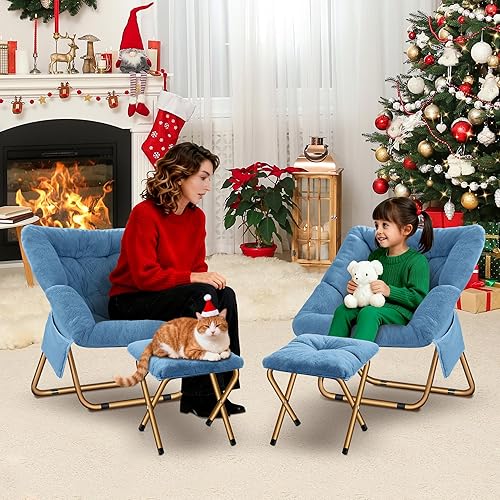 Miniatura 2 de Silla plegable Comfy Saucer para sala de estar, silla de piel sintética suave para dormitorio, sillas de lectura para adultos y niños, XL, azul