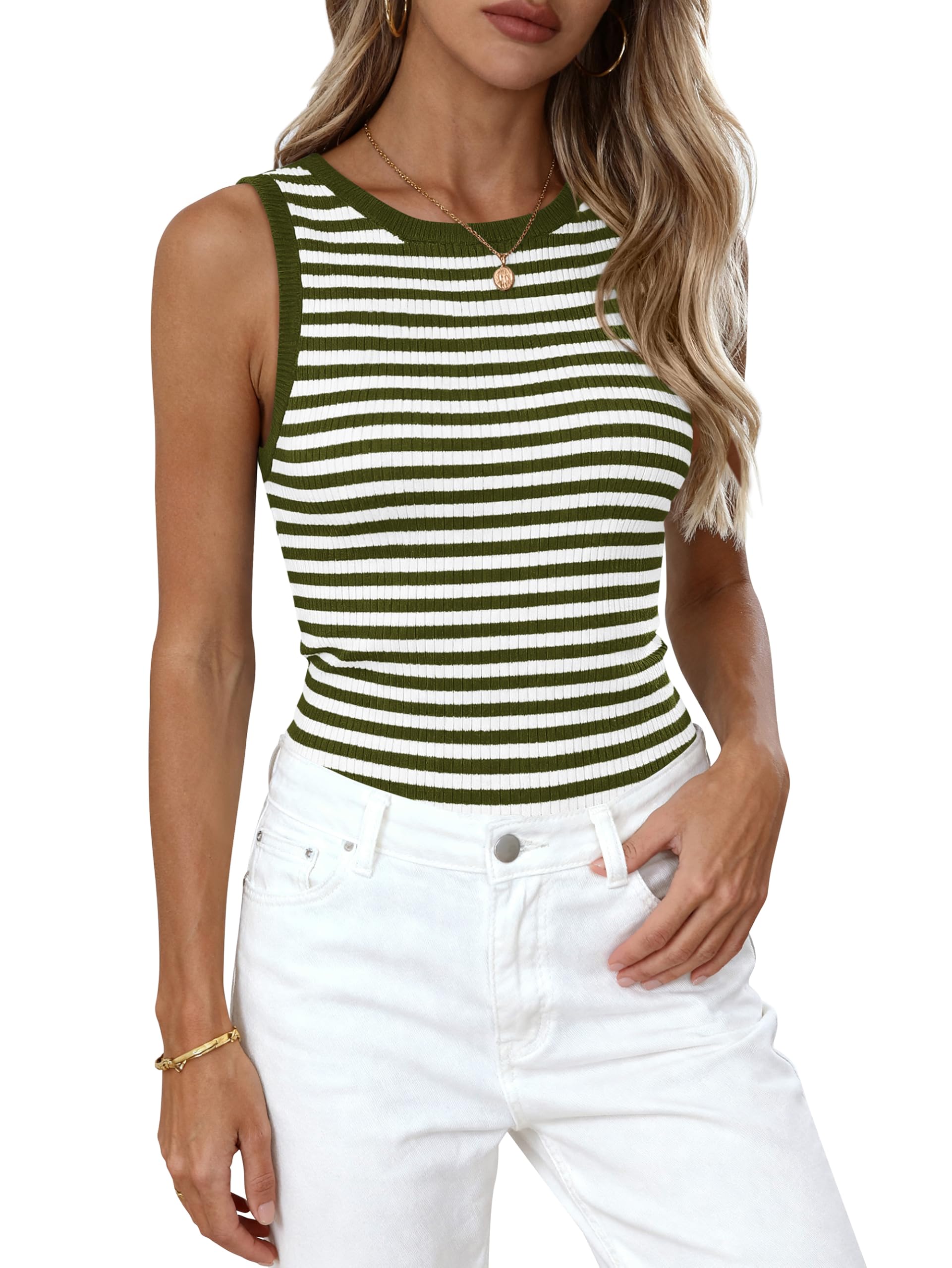 PRETTYGARDEN Summer High Neck Striped Tank Tops for Women Casual Sleeveless Sweaters Basic Ribbed Knit Slim Fitted Shirts