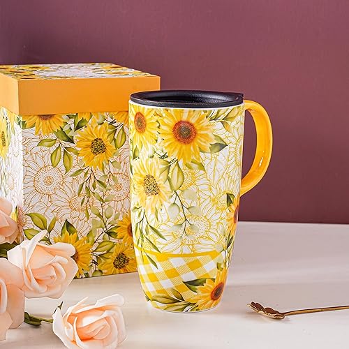 Miniatura 5 de Topadorn Taza de cerámica de porcelana con latte de té, taza de café con caja de regalo, 17 onzas. Taza de viaje con tapa, girasoles amarillos