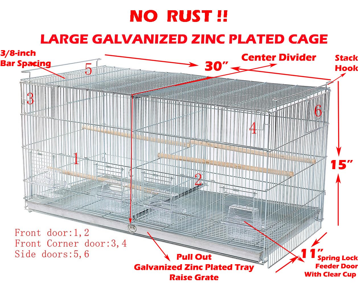 Combo: Large NO Rust Galvanized Stack and Lock Double Breeder Cage Bird Breeding Cage with Removable Center Divider Side Nest Box Doors Removabel Rolling Stand