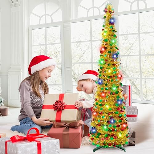 5FT Gold Christmas Tree Pop Up Tree, Artificial Pencil Christmas Tree with Lights, Tinsel Coastal Collapsible Xmas Tree Skinny Christmas Tree for Home Apartment Office Store Classroom Holiday Decor