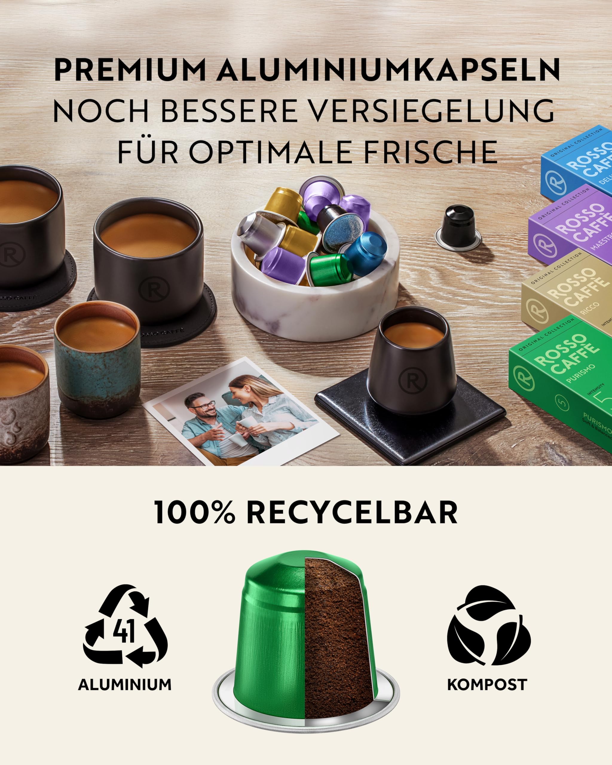 ROSSO CAFFÈ Nespresso Kapseln 120 Stück Aluminium, 6 Premium Espresso Sorten Mixpaket, Nespresso kompatible Kaffeekapseln, kompatibel mit Original Kapselmaschinen