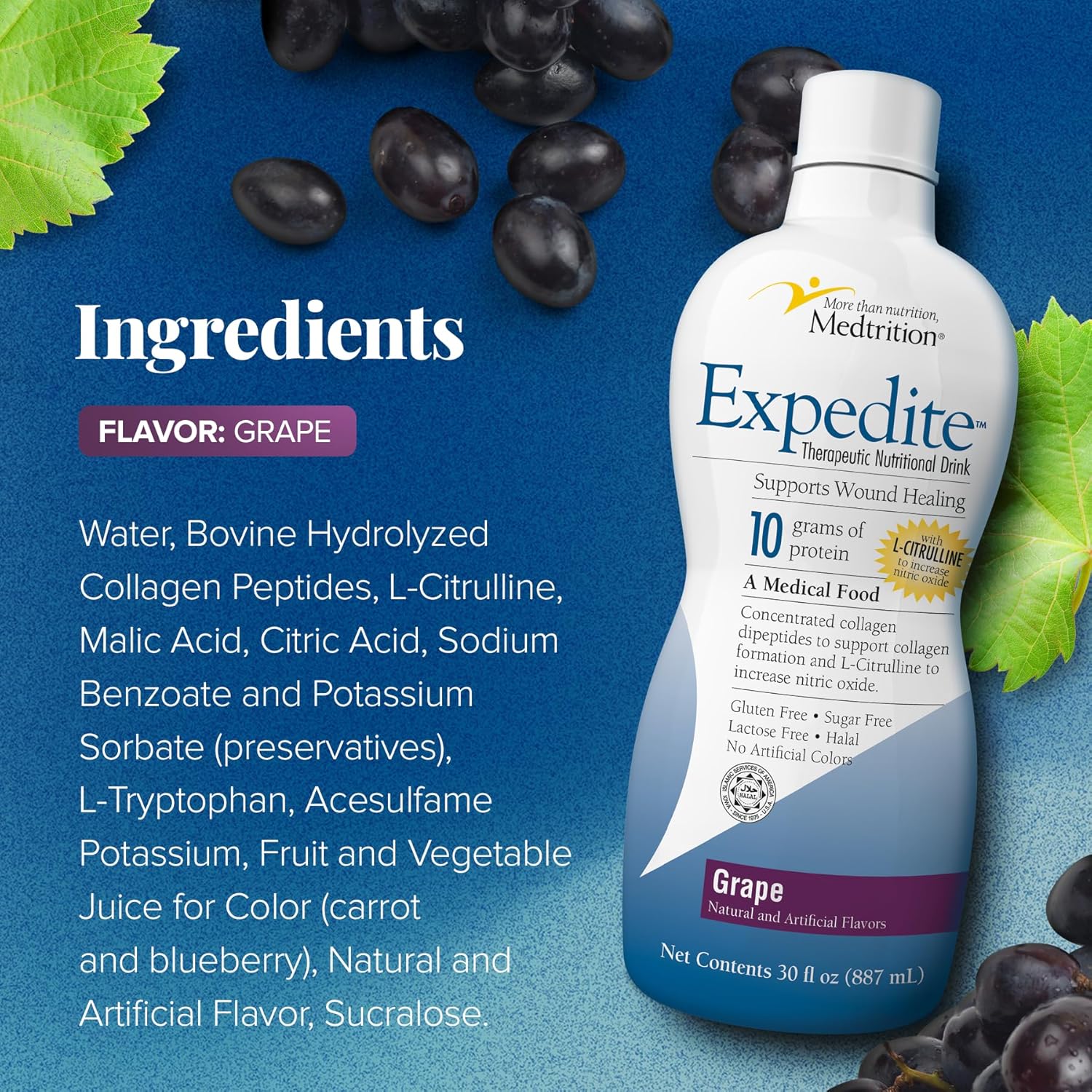 Medtrition Expedite Liquid Collagen, Grape, 30 Fl Oz, Pack of 1 - Nutrition Support for General, Orthopedic & Cosmetic Surgery Recovery