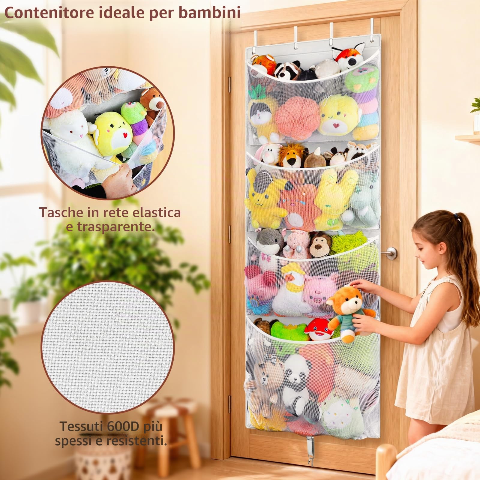 Contenitore per animali di peluche da appendere, grande organizer per giocattoli di peluche con gancio in metallo, idea per asilo nido, borsa a rete per bambole e orsi, per camera dei