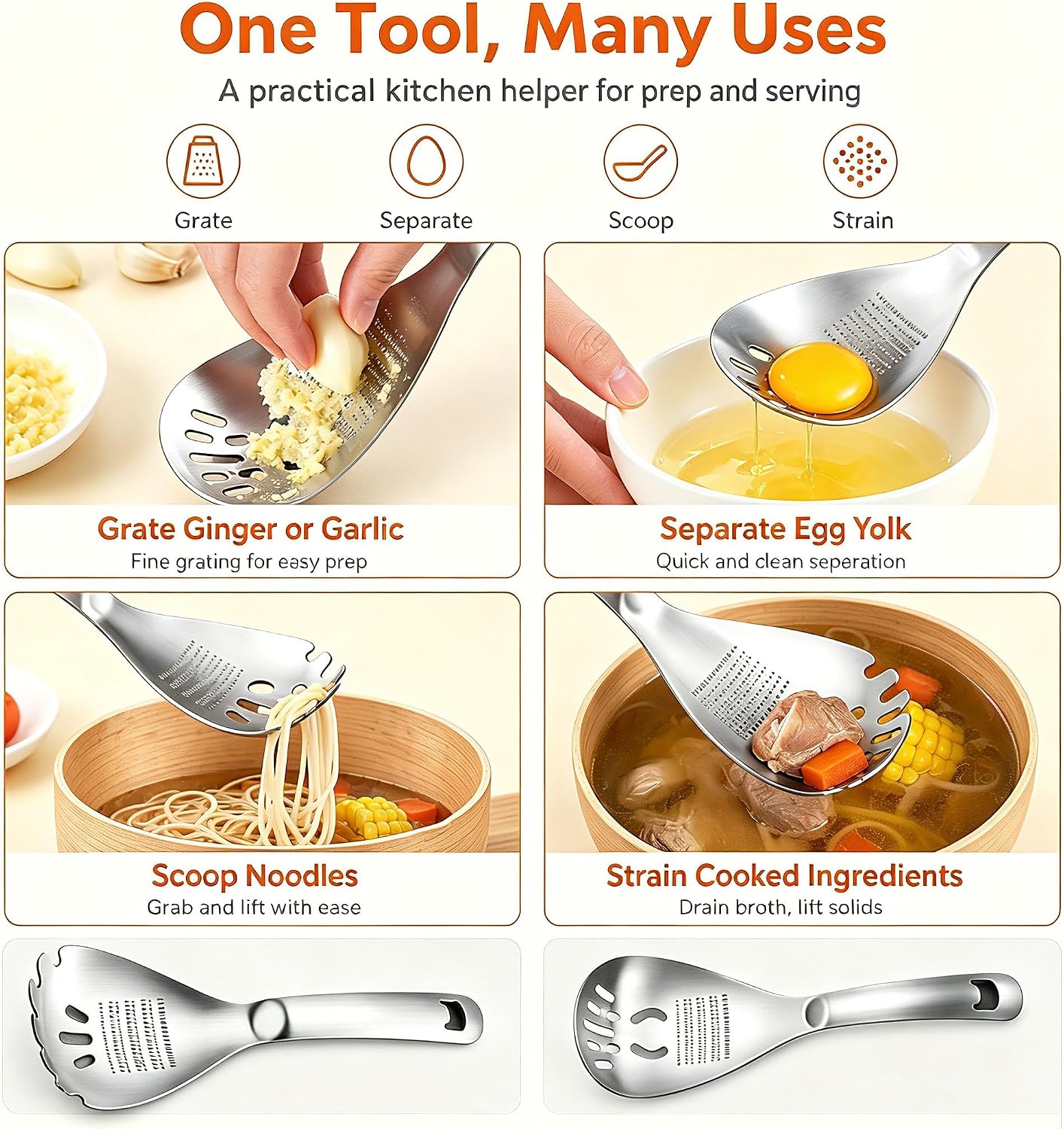 5-in-1 Stainless Steel Cooking Spoon,Egg Separator and Bottle Opener(A+B)