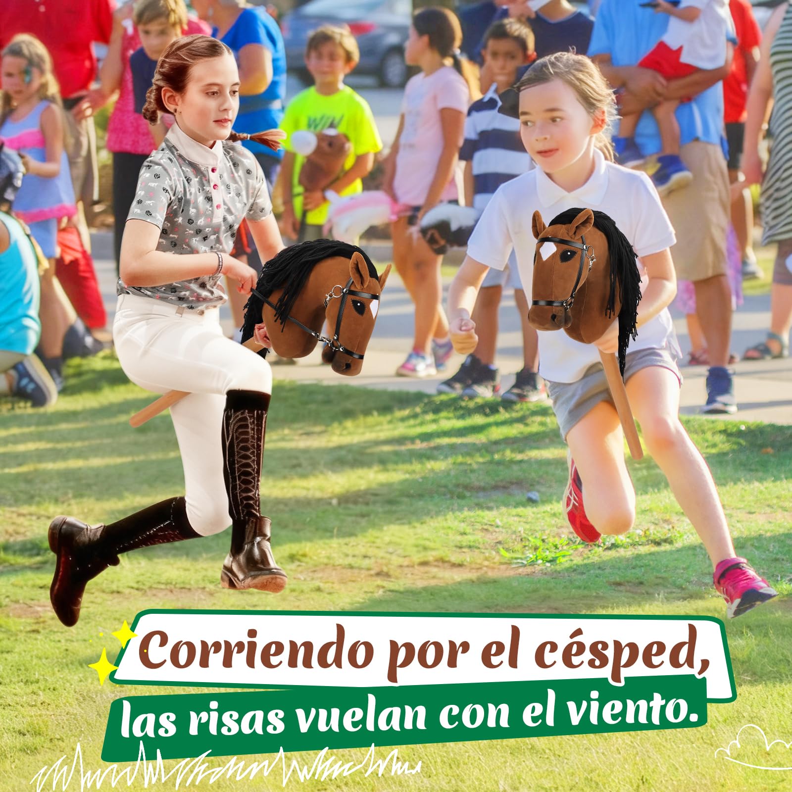 Charmofun Hobby Horse, Caballo de Palo para Niños, Caballo Juguete para Montar con Cabeza A3, Suave Arnés de Felpa y Cola Fluida, Ideal para Juego y Regalo (Marrón)