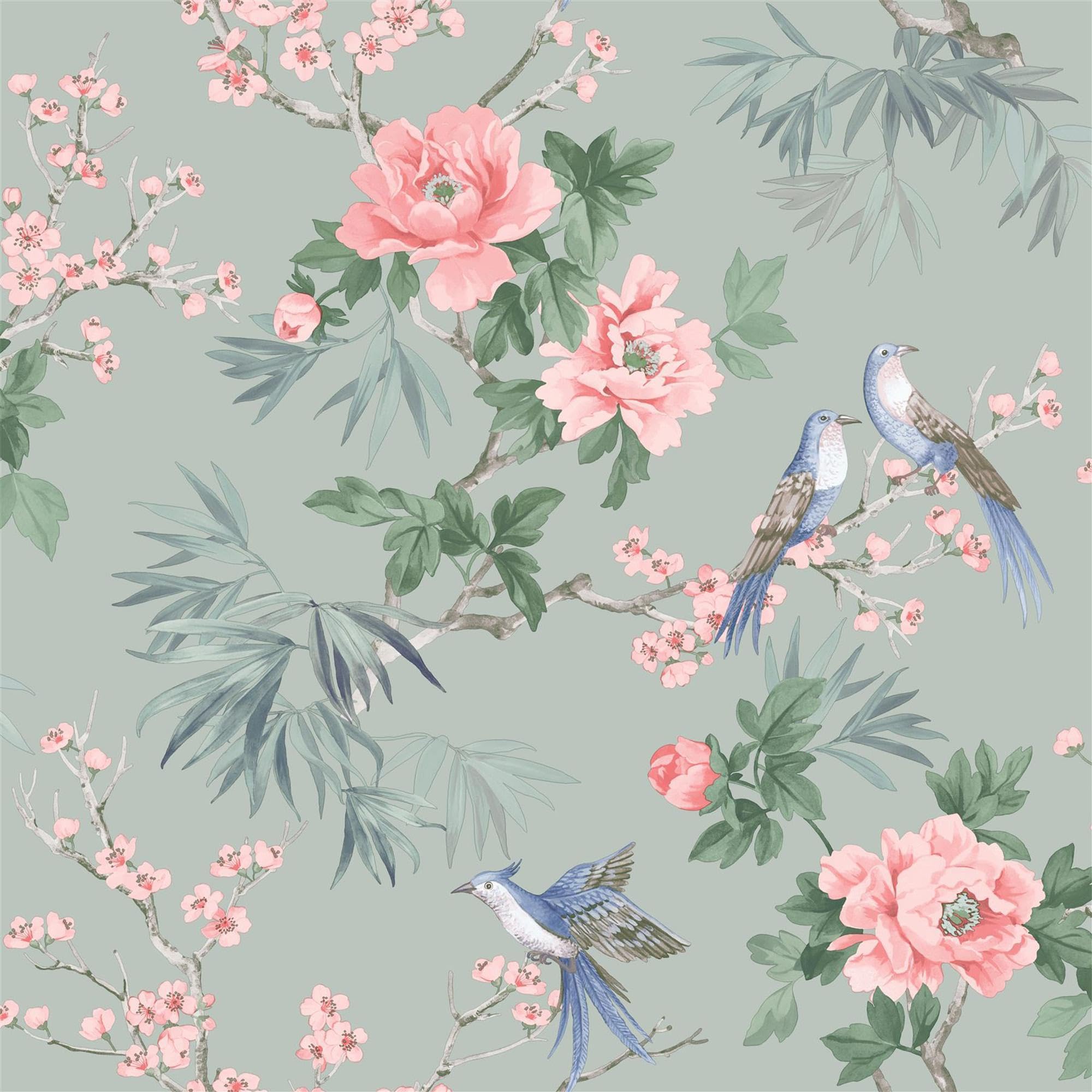 Rasch Amelie Chinoiserie Japanese Oriental Style Wallpaper Perfect for Feature Walls, Bedrooms, Livin and Dining Rooms Sage Green 260568