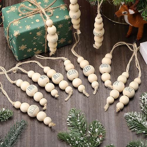Miniatura 3 de 24 adornos navideños de madera para árbol con palabras de bendición, rústico, bohemio, decoraciones colgantes de Navidad, cuentas de madera natural
